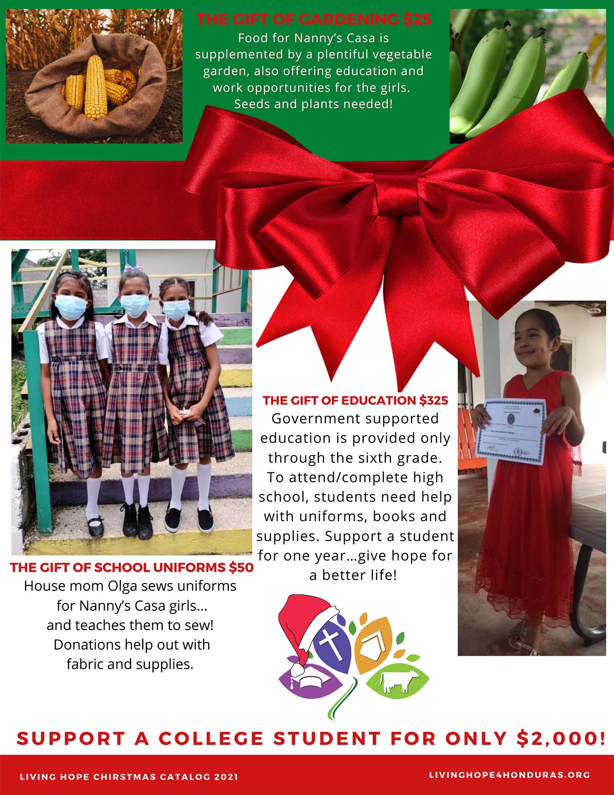 Page 2 of the Living Hope for Honduras Christmas Catalog, which outlines various levels of gifts that donors can contribute.