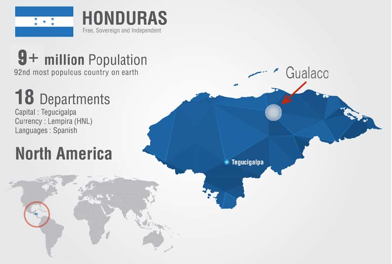 Honduras info map, showing overall location, including Gualaco, where Living Hope For Honduras does its work.